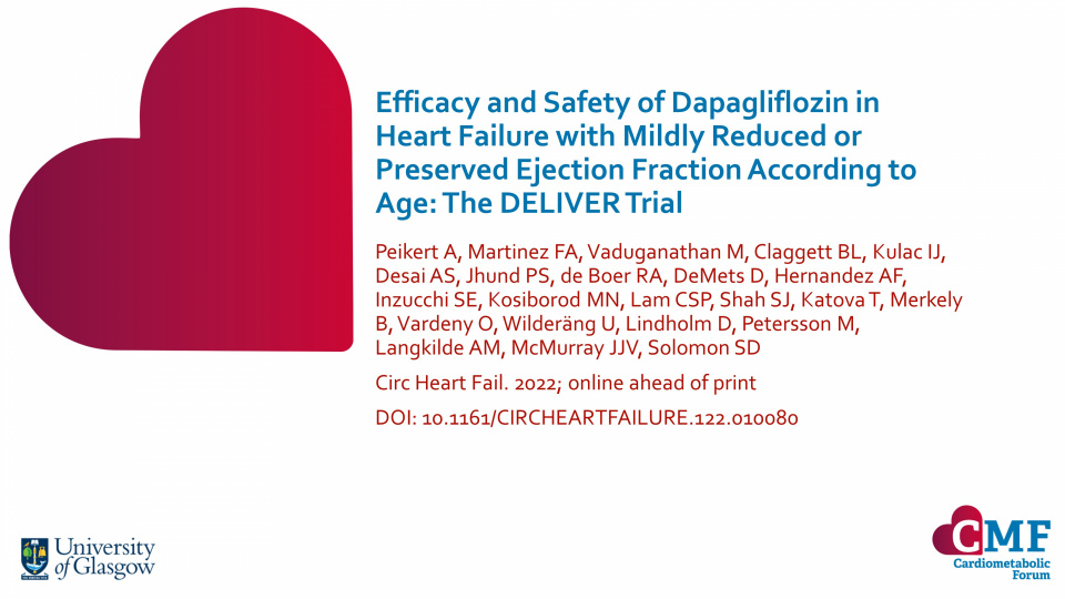 Publication thumbnail: Efficacy and Safety of Dapagliflozin inHeart Failure with Mildly Reduced or Preserved Ejection Fraction According to Age: The DELIVER Trial