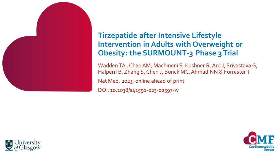 Publication thumbnail: Tirzepatide after Intensive Lifestyle Intervention in Adults with Overweight or Obesity: the SURMOUNT-3 Phase 3 Trial