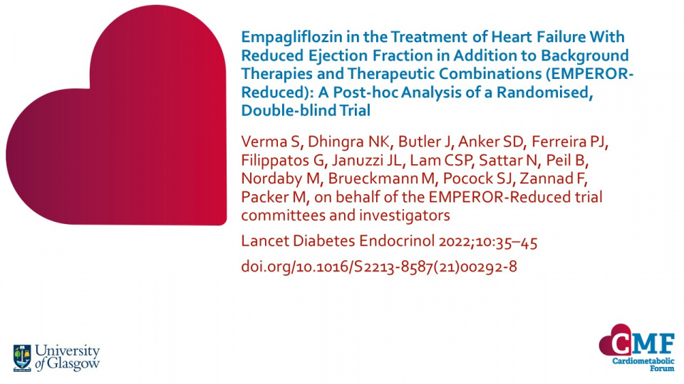 Publication thumbnail: Empagliflozin in the Treatment of Heart Failure With Reduced Ejection Fraction in Addition to Background Therapies and Therapeutic Combinations (EMPEROR-Reduced): A Post-hoc Analysis of a Randomised, Double-blind Trial