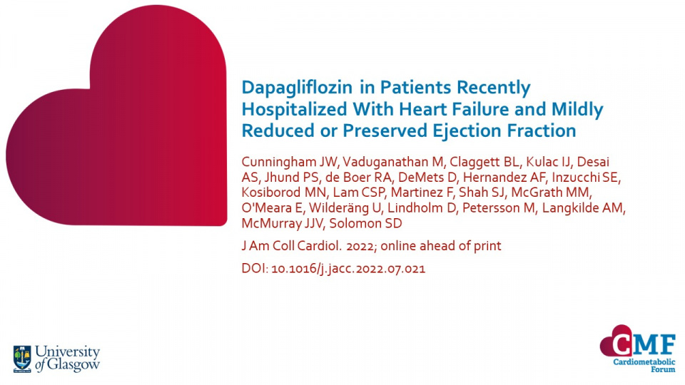 Publication thumbnail: Dapagliflozin in Patients Recently Hospitalized With Heart Failure and Mildly Reduced or Preserved Ejection Fraction