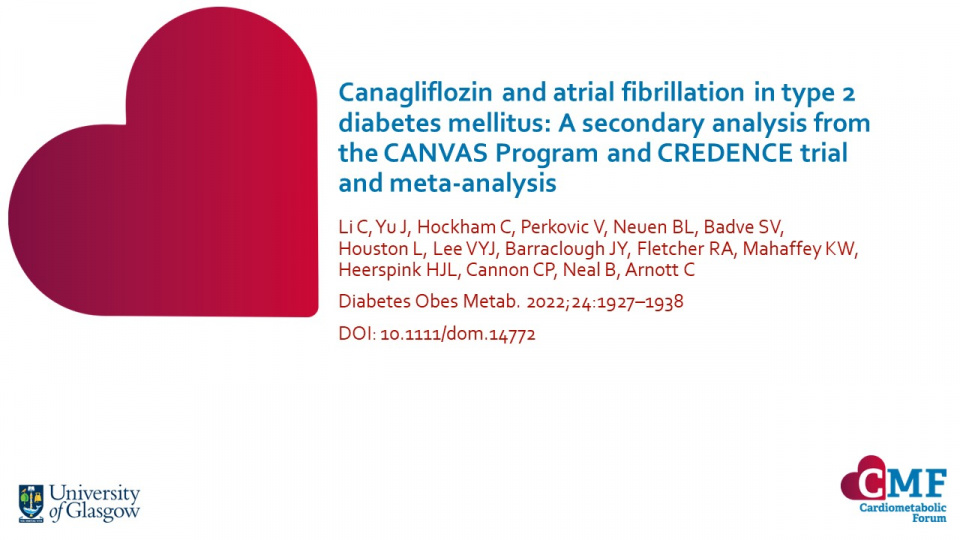 Publication thumbnail: Canagliflozin and atrial fibrillation in type 2 diabetes mellitus: A secondary analysis from the CANVAS Program and CREDENCE trial and meta-analysis