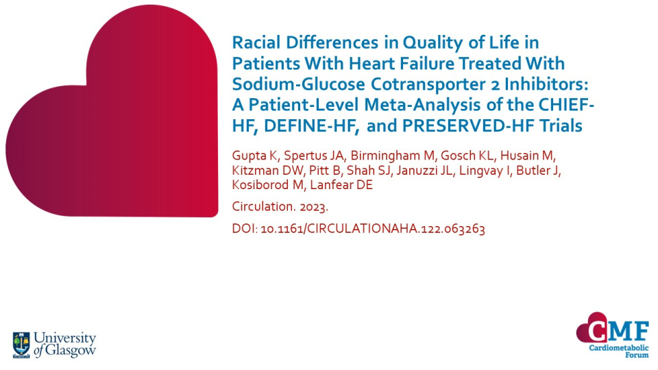 Publication thumbnail: Racial Differences in Quality of Life in Patients With Heart Failure Treated With Sodium-Glucose Cotransporter 2 Inhibitors: A Patient-Level Meta-Analysis of the CHIEF-HF, DEFINE-HF, and PRESERVED-HF Trials