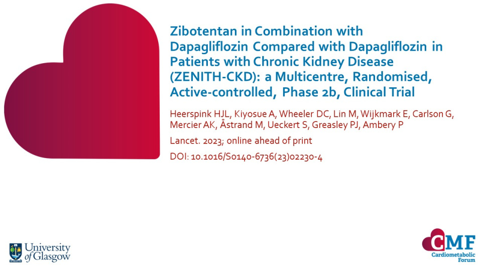 Publication thumbnail: Zibotentan in Combination with Dapagliflozin Compared with Dapagliflozin in Patients with Chronic Kidney Disease (ZENITH-CKD): a Multicentre, Randomised, Active-controlled,  Phase 2b, Clinical Trial
