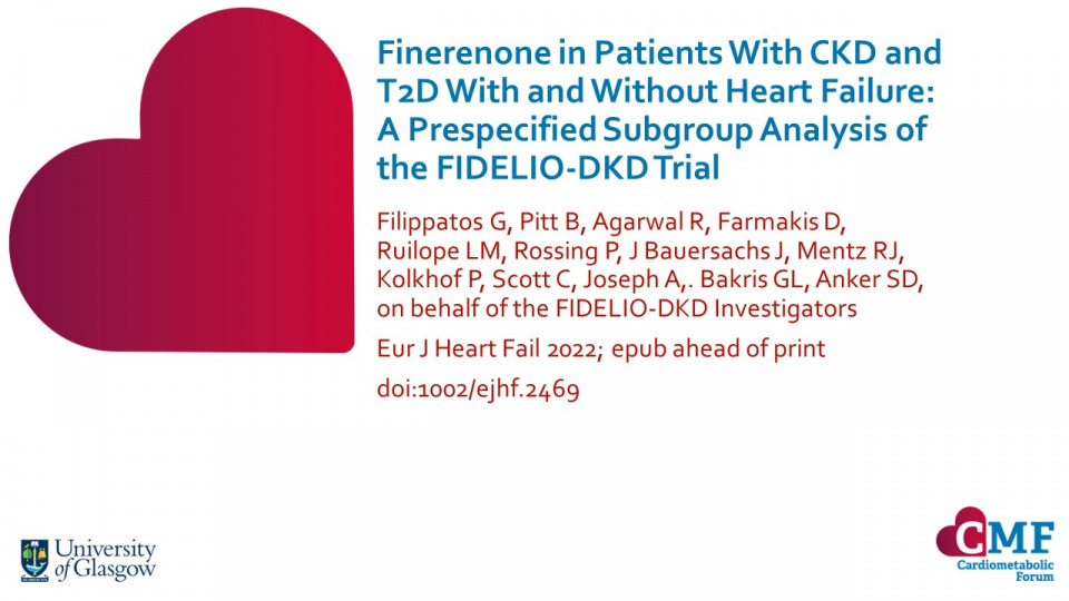 Publication thumbnail: Finerenone in patients with CKD and T2D with and without heart failure: A prespecified subgroup analysis of the FIDELIO-DKD trial
