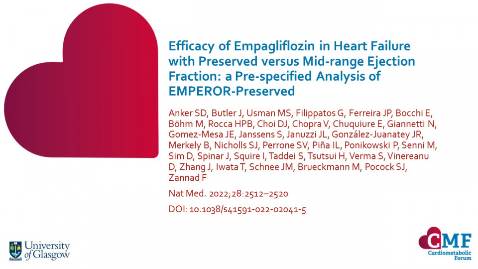 Publication thumbnail: Efficacy of Empagliflozin in Heart Failure with Preserved versus Mid-range Ejection Fraction: a Pre-specified Analysis of EMPEROR-Preserved