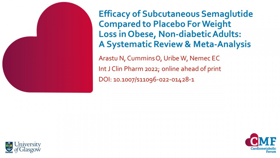 Publication thumbnail: Efficacy of Subcutaneous Semaglutide Compared to Placebo  For Weight Loss in Obese, Non-diabetic Adults:  A Systematic Review & Meta-Analysis