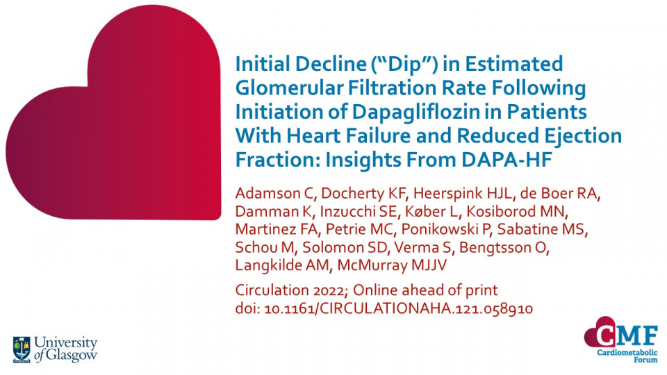 Publication thumbnail: Initial Decline (“Dip”) in Estimated Glomerular Filtration Rate Following Initiation of Dapagliflozin in Patients With Heart Failure and Reduced Ejection Fraction: Insights From DAPA-HF