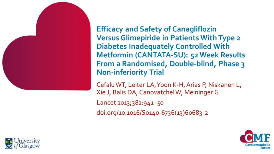 Publication thumbnail: Efficacy and Safety of Canagliflozin Versus Glimepiride in Patients With Type 2 Diabetes Inadequately Controlled With Metformin (CANTATA-SU): 52 Week Results From a Randomised, Double-blind, Phase 3 Non-inferiority Trial
